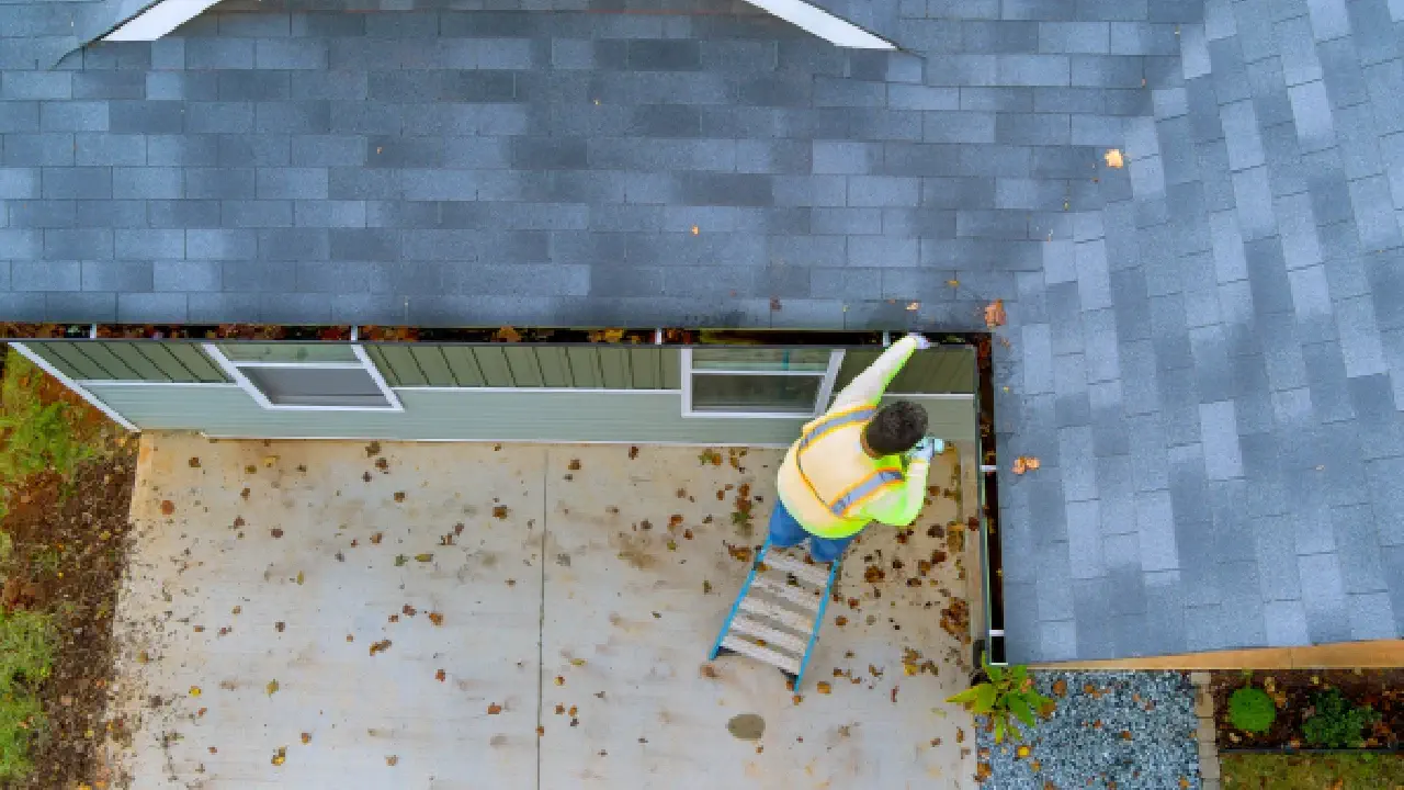 A professional roofer clears clogged rain gutters to prevent damage issues, showcasing proactive maintenance